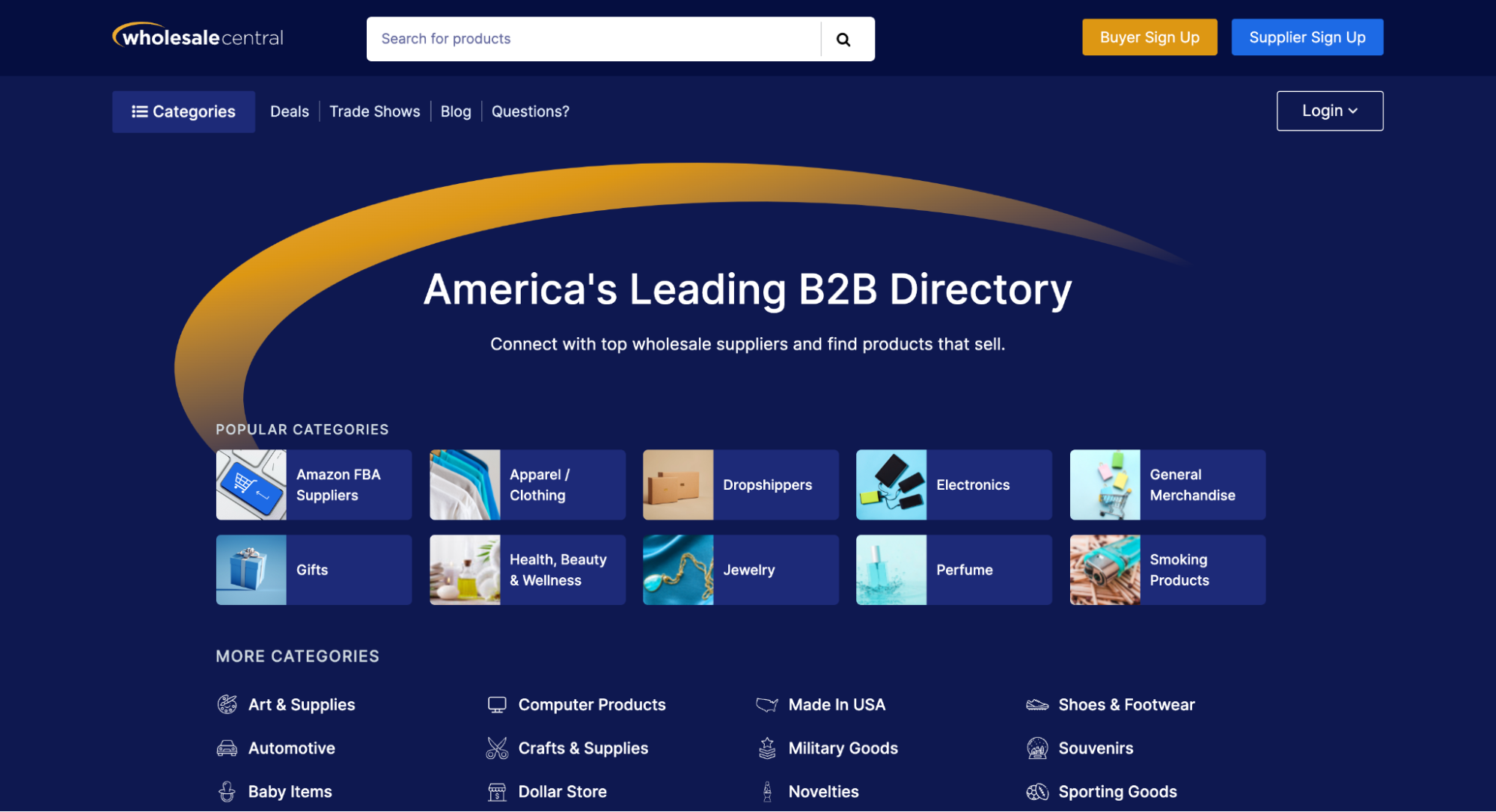 The Wholesale Central homepage contains links to popular product categories in its directory.