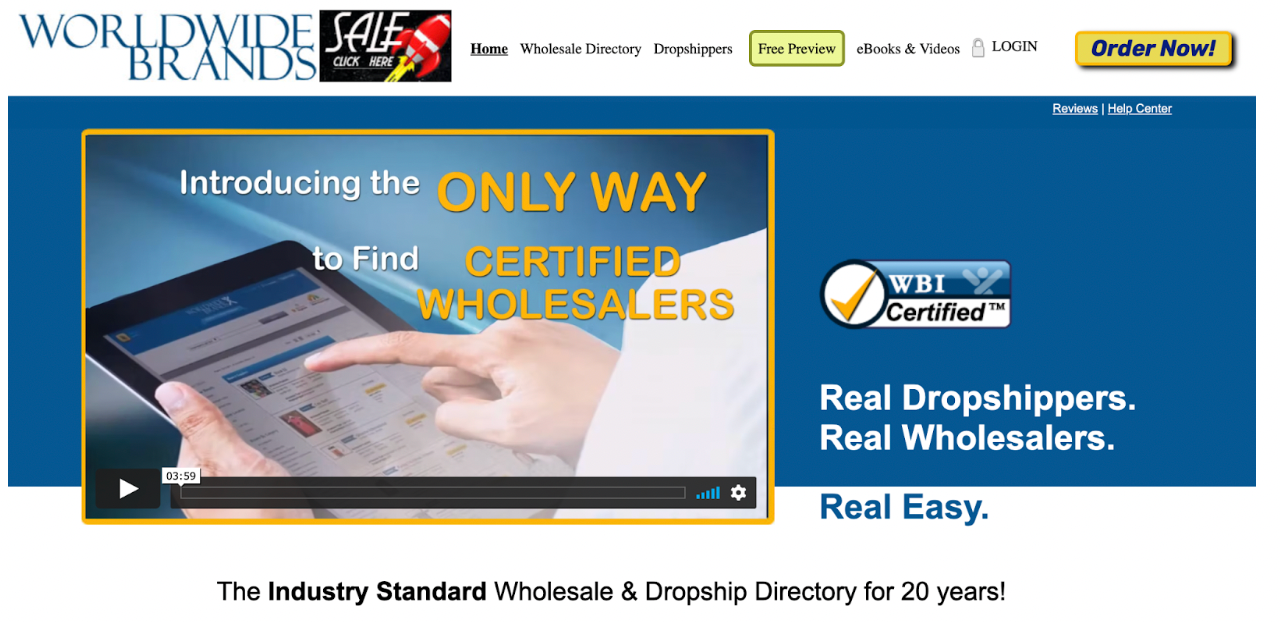 The Worldwide Brands homepage includes a video explaining how the website works.