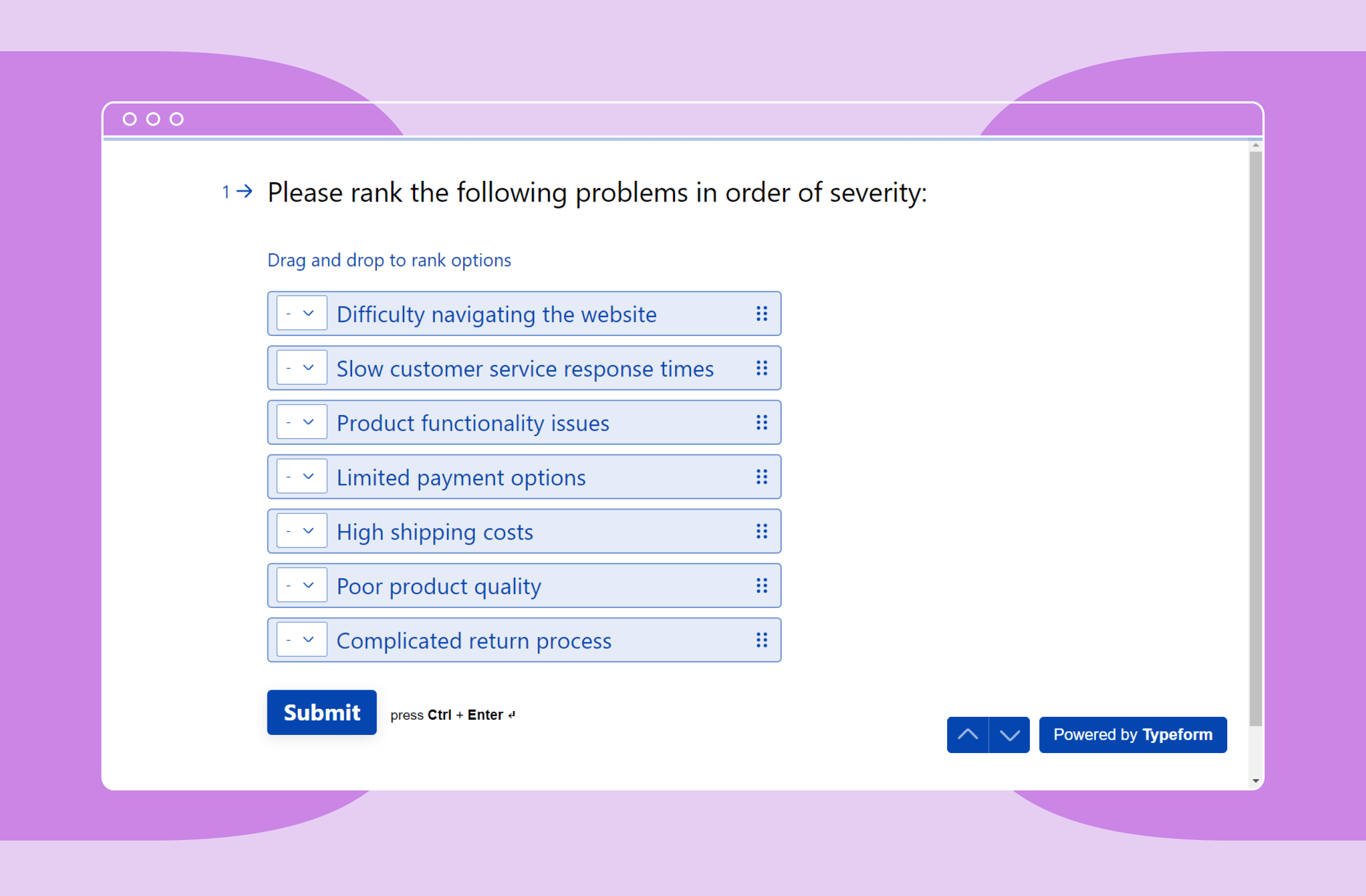 Screenshot of a ranking survey question