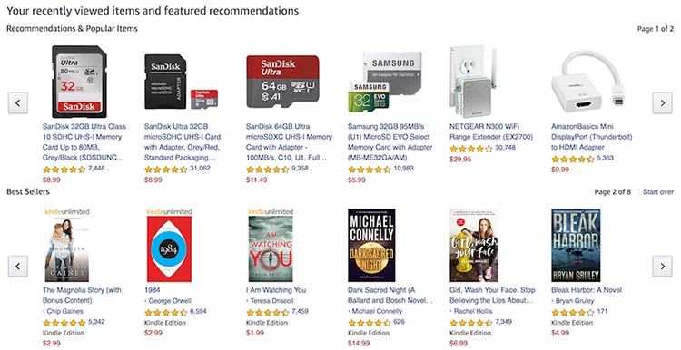 Screenshot of an Amazon page showing recommended items based on recent views. Products include memory cards, network devices, various books, and other electronics with prices and ratings displayed.