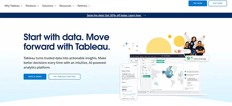 Screenshot of Tableau's website showcasing their data analytics platform with a text slogan, product options, and a view of the interface displaying a world map and various data visualizations.