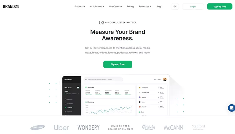 Screenshot of Brand24 webpage featuring a social listening tool tagline, sign-up button, and interface preview. Logos of popular brands like Uber and McCann are displayed at the bottom.