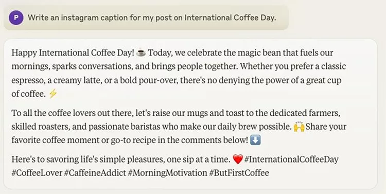 A message celebrating International Coffee Day, highlighting the joy of different coffee types and encouraging sharing of coffee experiences. Includes hashtags like #InternationalCoffeeDay, #CoffeeLover, and #ButFirstCoffee.