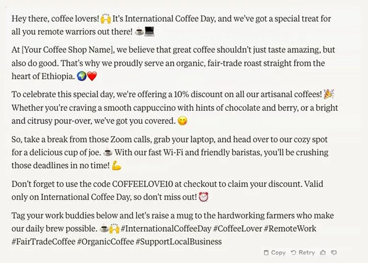 Announcement of International Coffee Day celebration with a 10% discount on organic, fair-trade coffee from Ethiopia. Includes remote work-friendly suggestions and discount code COFFEELOVE10.