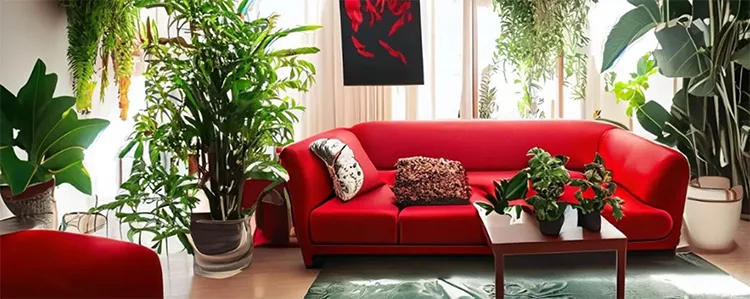 A living room with a bright red sofa surrounded by various green plants, a wooden coffee table with potted plants, and a large window with light filtering through curtains.