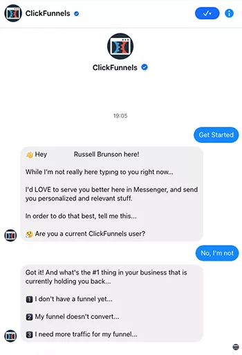 Screenshot of a Facebook Messenger chat with a ClickFunnels bot. The conversation starts with the bot introducing itself and asking the user about their ClickFunnels usage. The user responds they are not a user, and the bot asks what is holding their business back.