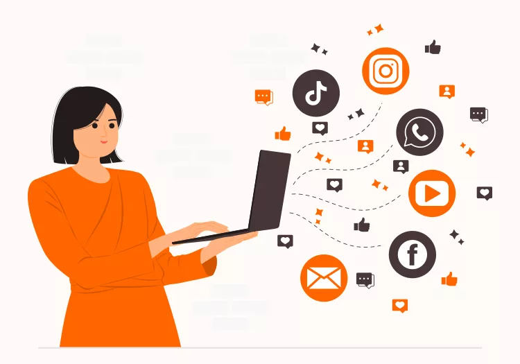 A woman in an orange outfit is using a laptop. Icons for various social media and communication apps, including Instagram, TikTok, WhatsApp, YouTube, Facebook, and email, appear around her.