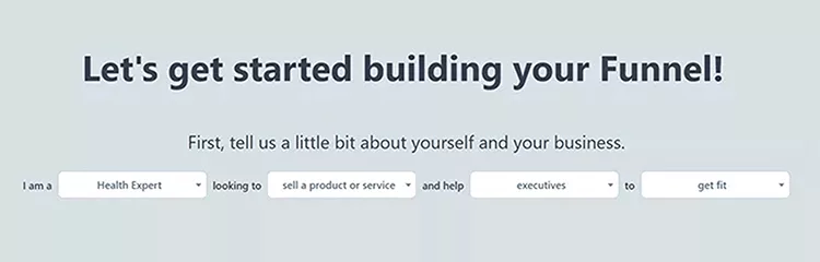 Form on a website for building a funnel, asking users to input their profession, goal, target audience, and desired outcome. Example given: “I am a Health Expert looking to sell a product or service and help executives to get fit.”.