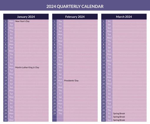 2024 Quarterly Calendar