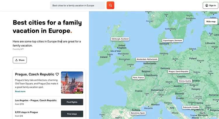 Map of Europe highlighting cities recommended for a family vacation. The sidebar features Prague, Czech Republic with a small image of the city and options to find flights.