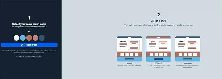 Step 1: Select your main brand color from options provided. Step 2: Choose a style from Blocky, Colorful, or Rounded for fonts, corners, and spacing. Image depicts interface for brand customization tool.