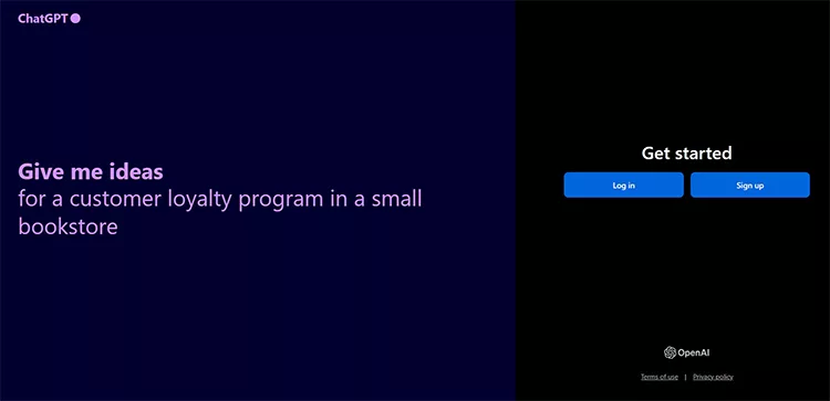 Image of a chatbot interface with a prompt asking for ideas for a customer loyalty program in a small bookstore. The screen has options to log in or sign up along with the “Get started” text.