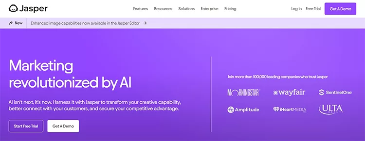 Screenshot of Jasper's website showcasing AI-driven marketing solutions, featuring a call to action to start a free trial, and displaying client logos such as Monday, Amplitude, and Wayfair.