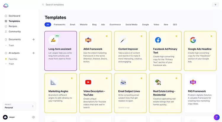 A screenshot of a template selection page. Various templates are visible, including Long-form assistant, ADA Framework, Content Improver, Facebook Ad Primary Text, and more, categorized by different uses.