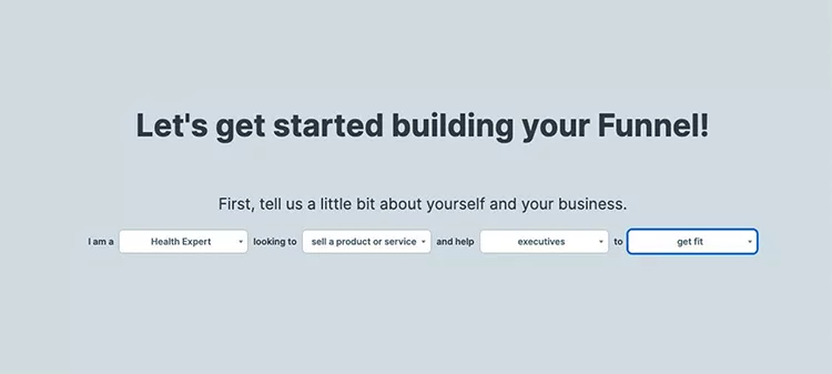 A webpage prompting users to get started building a funnel with dropdown options for selecting profession, intention, and target audience, culminating in a customizable goal field.