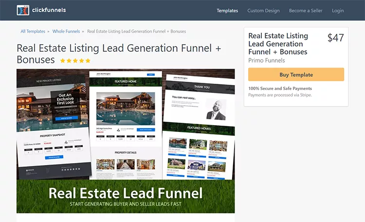 Screenshot of a webpage showing a real estate listing lead generation funnel and bonuses for sale at $47 by Primo Funnels on Clickfunnels. The page includes images of real estate website templates.