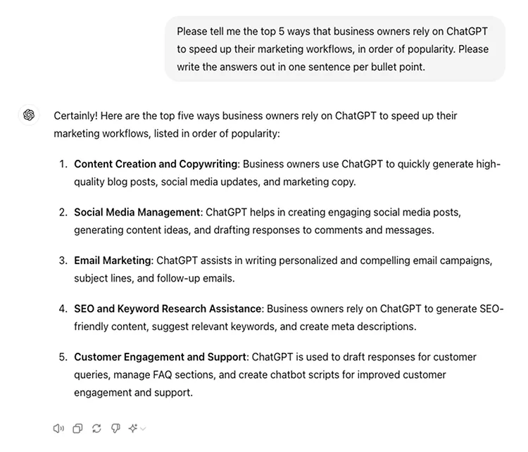 A screenshot explaining the top five ways business owners use ChatGPT for marketing: content creation, social media management, email marketing, SEO, and customer engagement support.