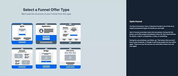 Six types of funnel offers are presented: Optin, Application, Webinar, Summit, Bridge, and Video Series. Each has a brief description and a representative graphic layout.