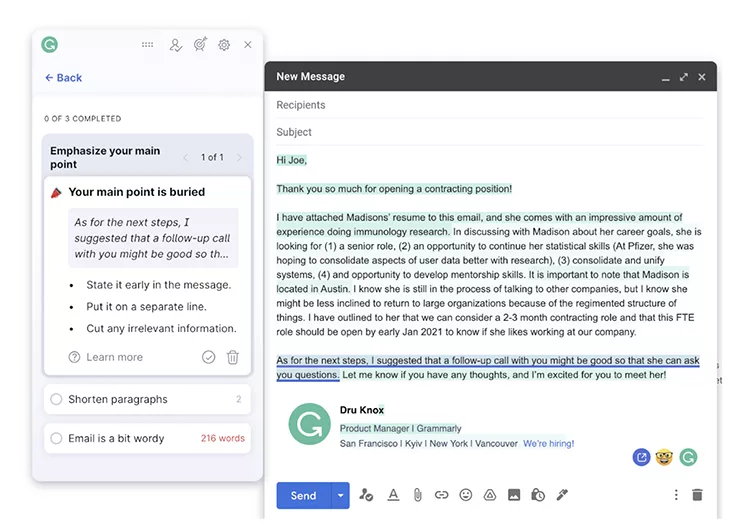 A Grammarly document on the left suggests writing improvements. On the right, an email is being composed discussing details about a candidate for a position and advising a step for further action.