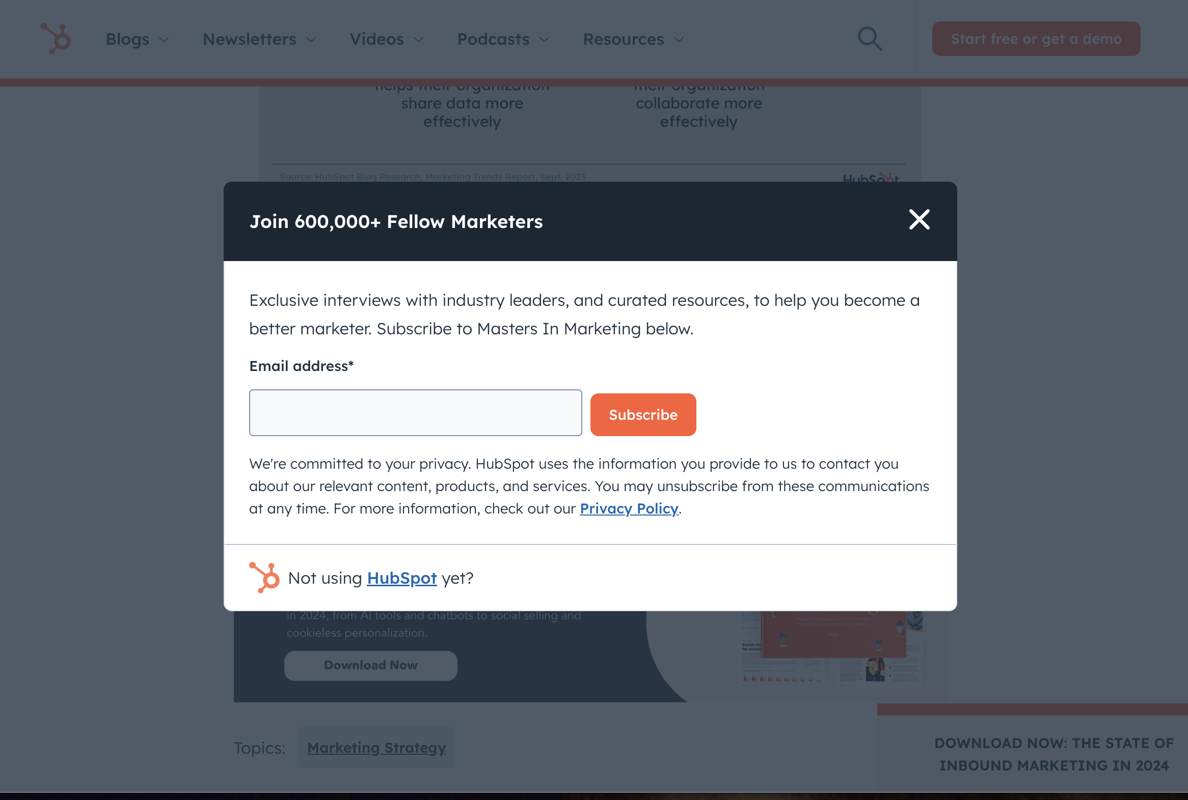 This HubSpot popup tells readers to “Join Thousands of Professionals,” with a button that says “Subscribe” next to a field for the reader’s email address.