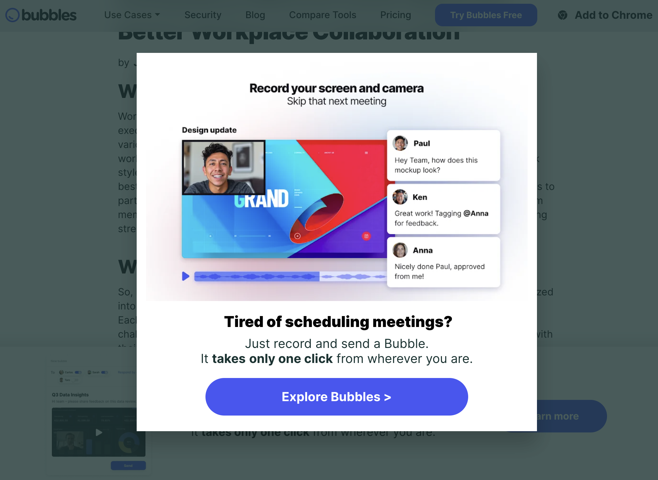 This popup from the Bubbles website shows a picture of the product in action over a headline that reads, “Tired of scheduling meetings?”