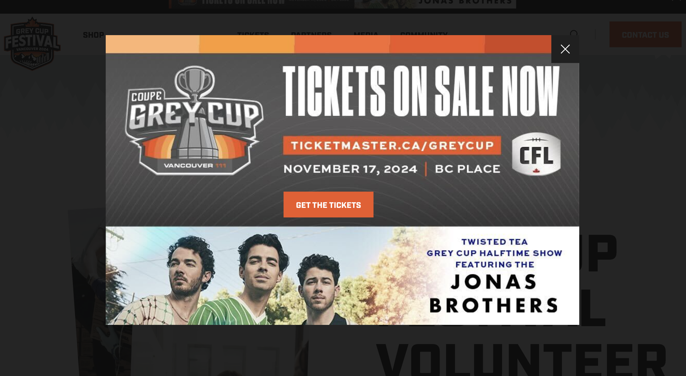 This large popup from the Grey Cup website takes up most of the screen. The headline is “Tickets on sale now.”