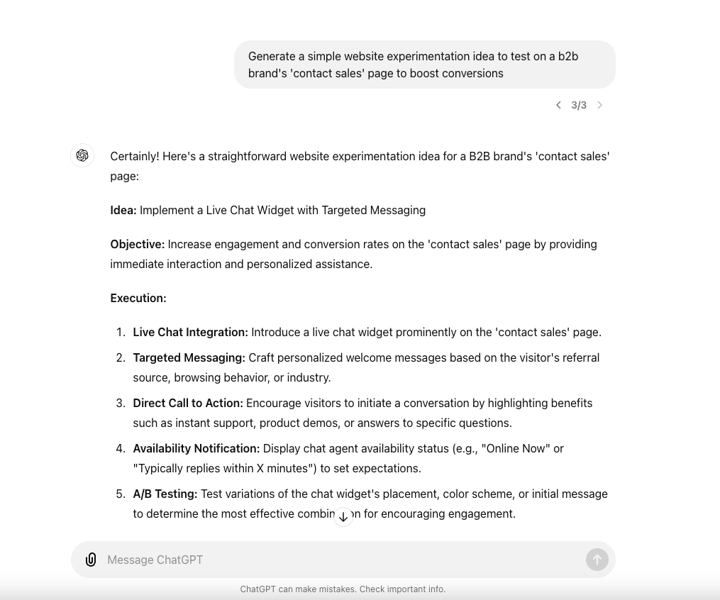 A screenshot of ChatGPT's response to a prompt for a website experimentation idea.