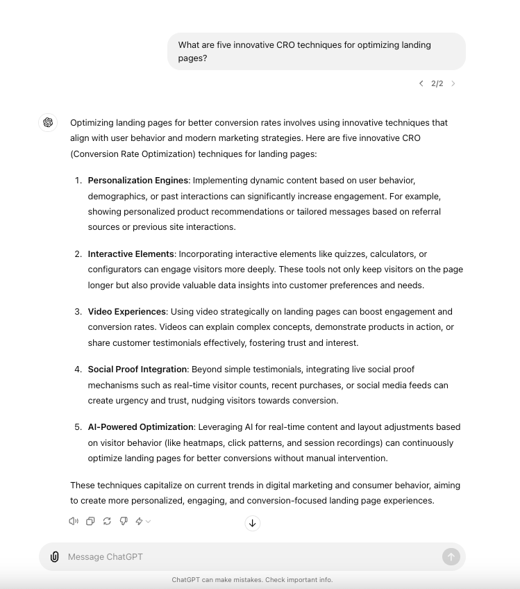 A screenshot of ChatGPT's response to a prompt for 5 innovative conversion rate optimization techniques for landing pages.