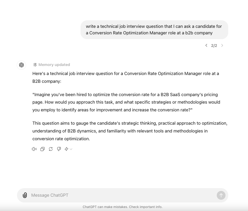 A screenshot of ChatGPT's response to a prompt for a technical job interview question for a conversion rate optimization candidate.