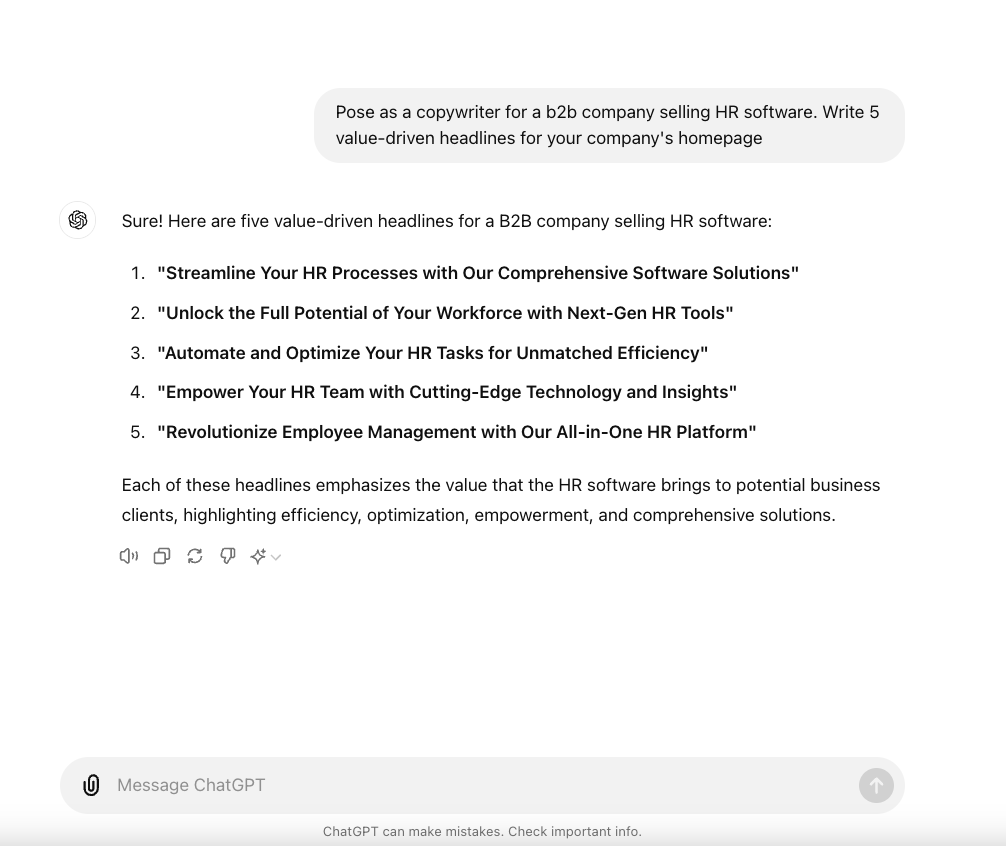 A screenshot of ChatGPT's response to a prompt for 5 value-driven headline ideas for a b2b company's homepage.