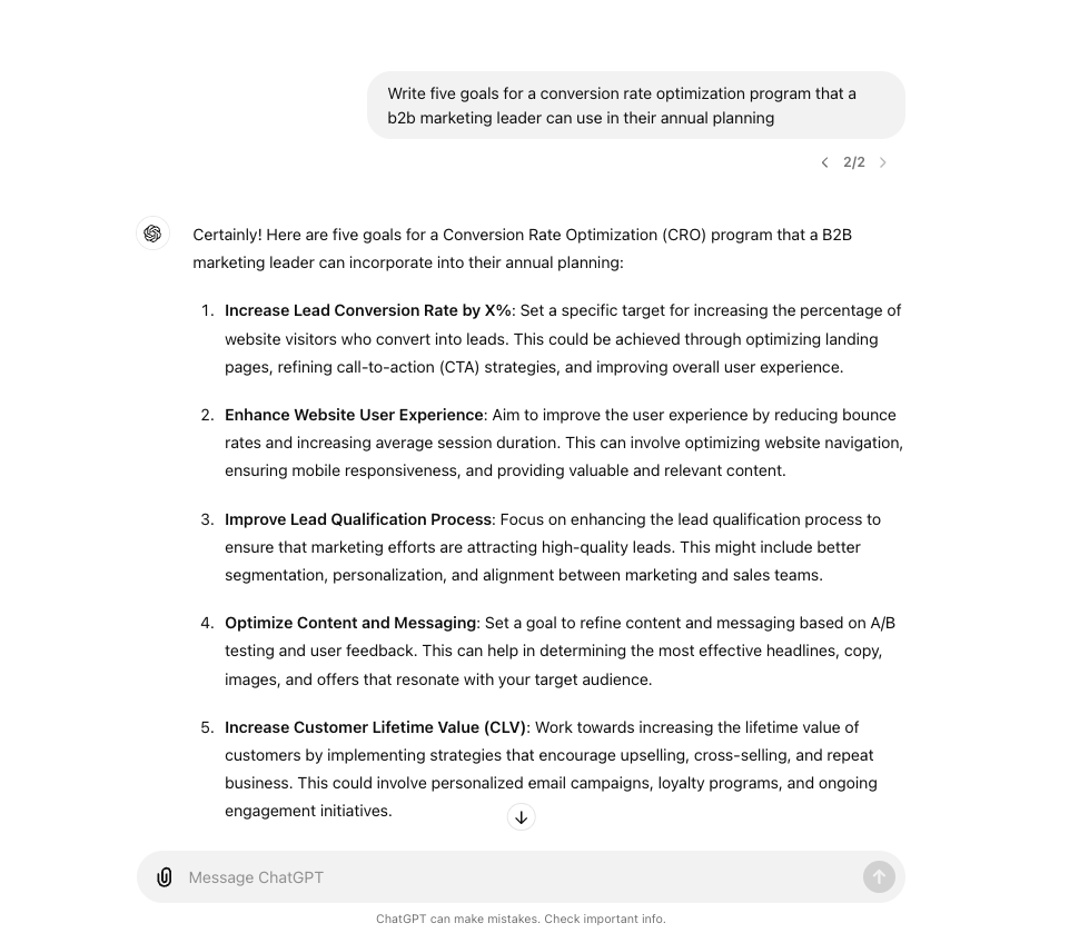 A screenshot of ChatGPT's response to a prompt for five goals a marketing leader can set related to conversion rate optimization.