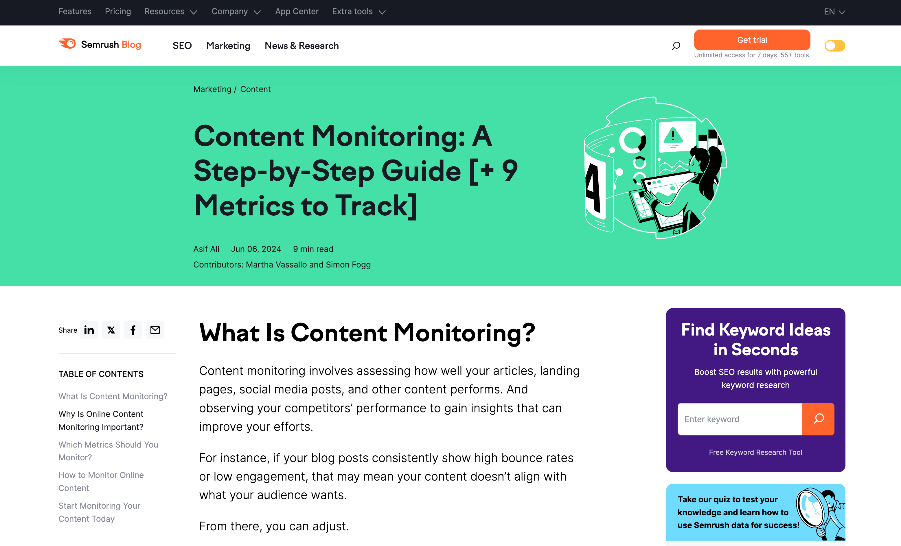 Semrush article titled “Content Monitoring: A Step-by-Step Guide”