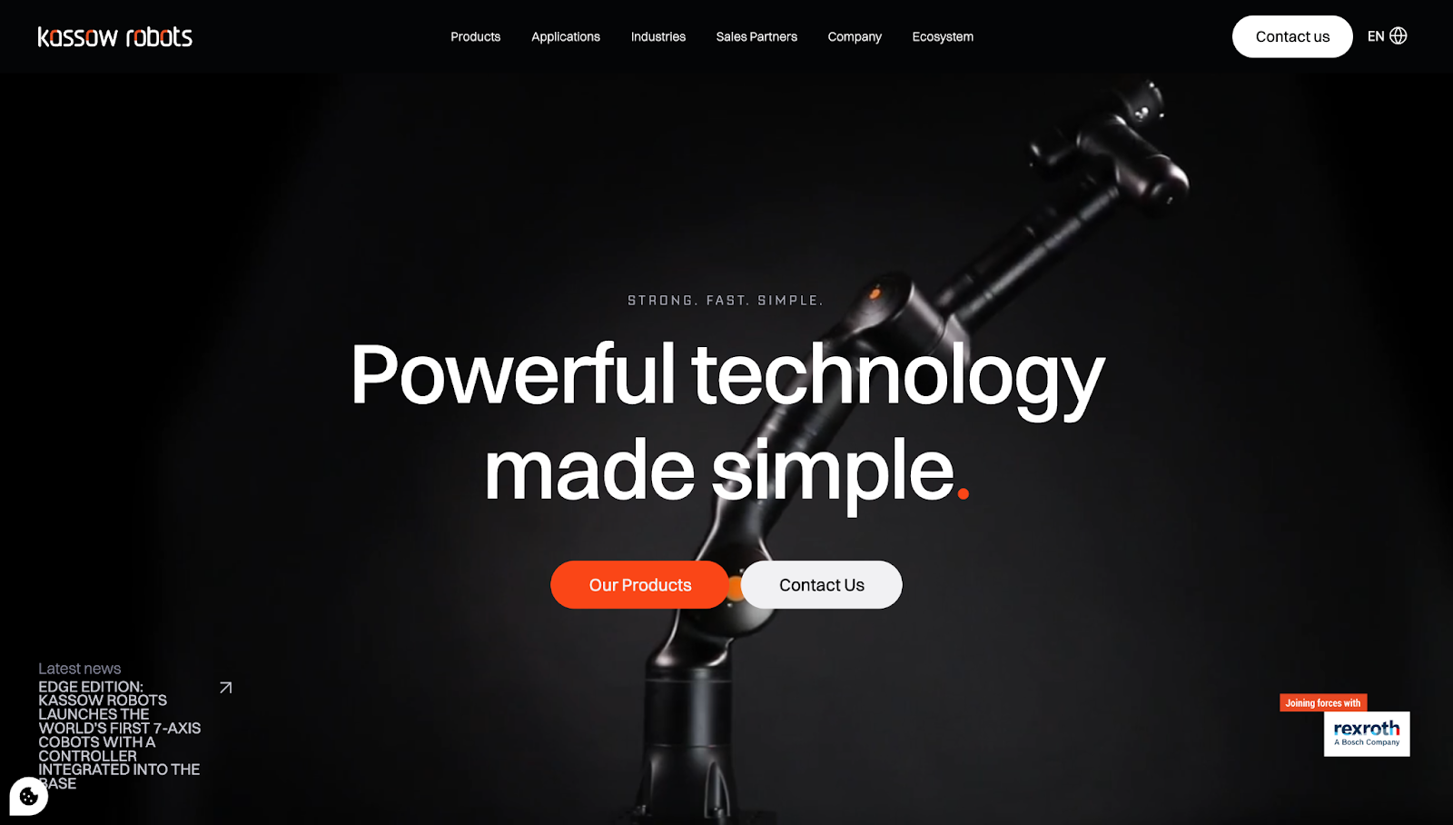 Kassow Robots’ website header has a white-text header stating “Powerful technology made simple” with orange and white CTA buttons and a background video.