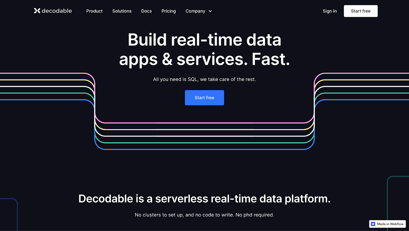 Decodable’s header shows the text “Build real-time data apps & services. Fast.” with parallel lines running across the screen in pink, yellow, white, green, and blue.