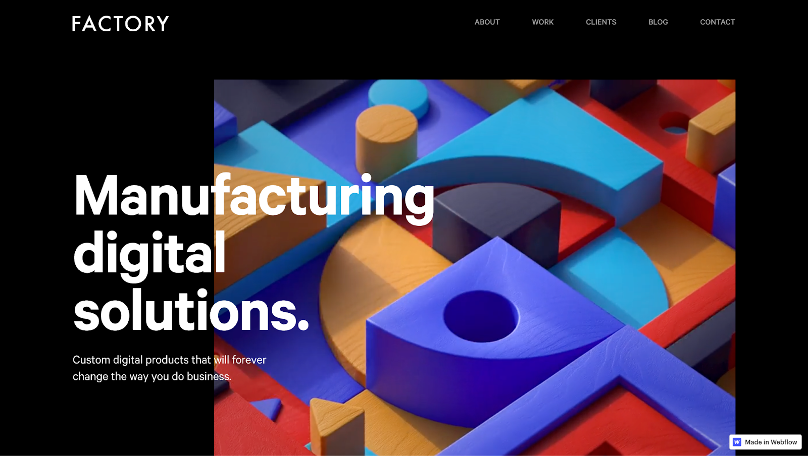 Factory’s website shows a multicolored animation with the text “Manufacturing digital solutions.” in white.