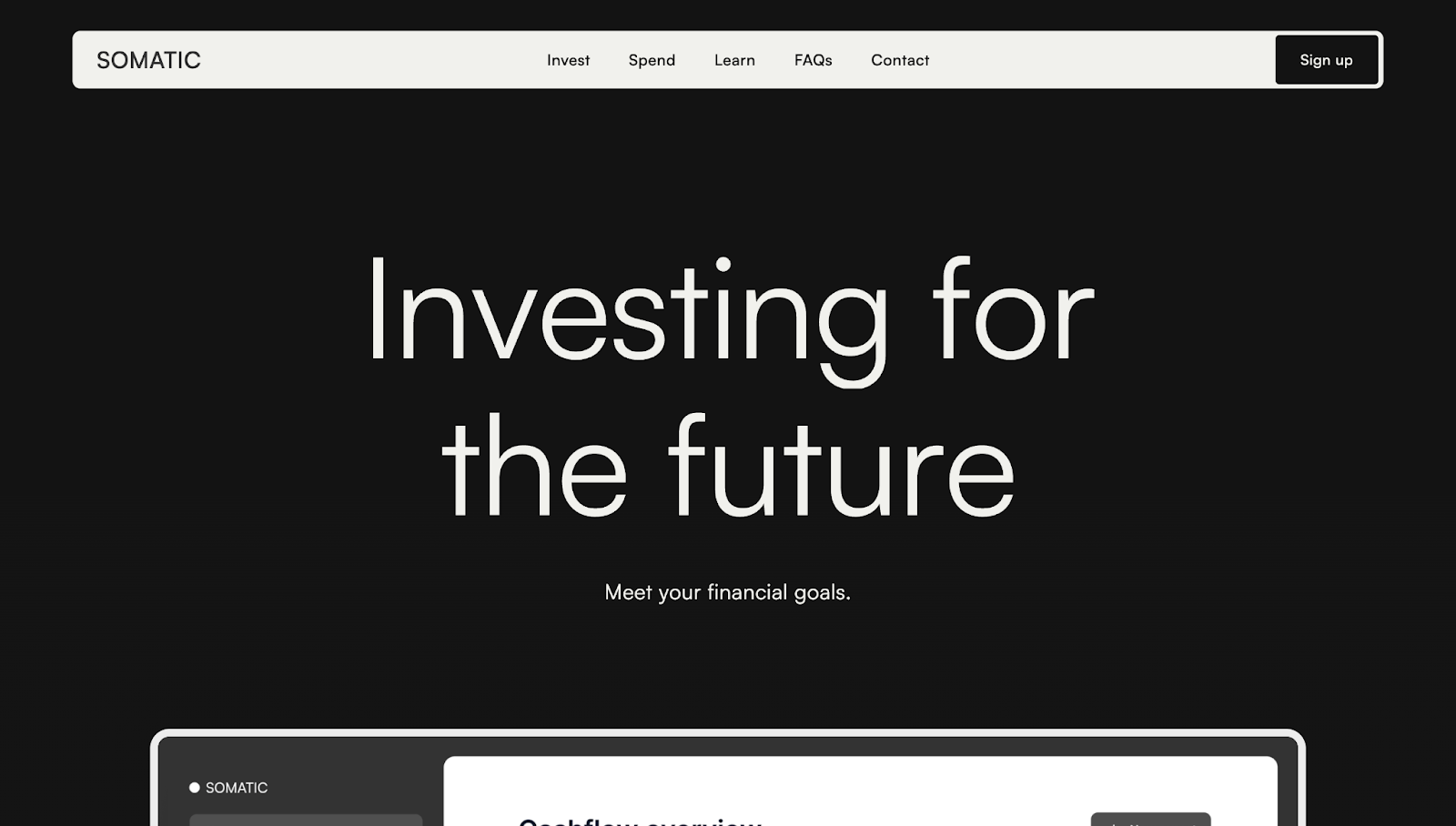 Somatic Technologies’ website shows the header “Investing for the future” in white against a black background with an off-white sticky navbar at the top of the screen.