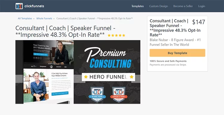 Screenshot of a webpage promoting a consultant, coach, and speaker funnel product with an advertised 48.3% opt-in rate for $147, showcasing images of the consultant, product features, and testimonials.