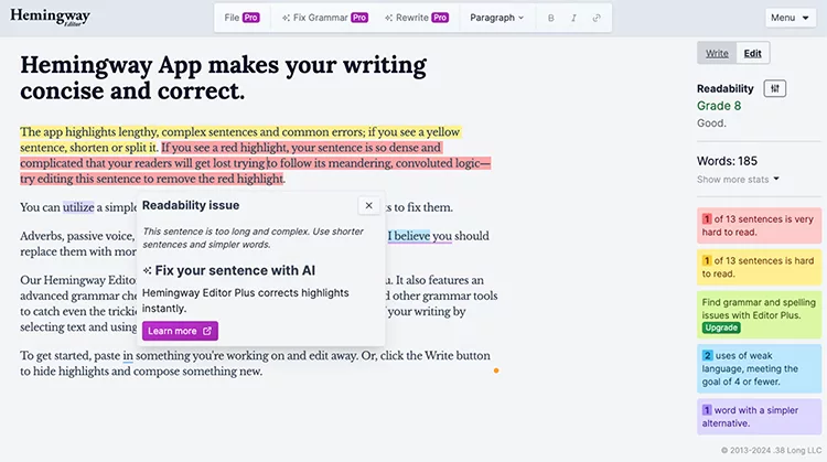 Screenshot of Hemingway App highlighting lengthy, complex sentences and common errors in a text, displaying color-coded suggestions and readability grade. The app also offers an AI assistant for corrections.