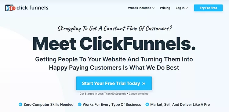 An advertisement for ClickFunnels, offering services to convert website visitors into paying customers. Features include no computer skills needed, suitability for any business, and a free trial offer.