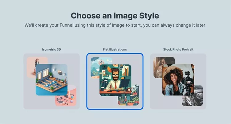 An image showing three options for image style: Isometric 3D, Flat Illustrations, and Stock Photo Portrait, with the Flat Illustrations option highlighted.