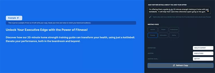 Text on a blue background promoting a 20-minute home strength training guide using a kettlebell. There is an example text section and a writing assistant sidebar.