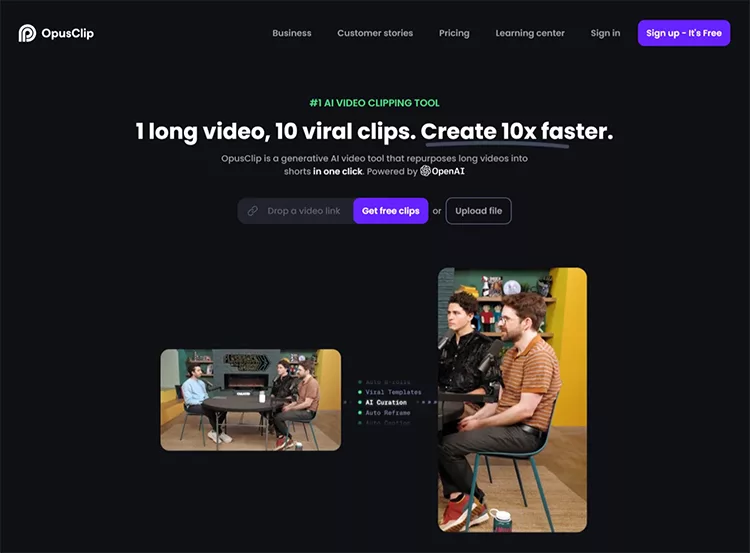 Screenshot of OpusClip website showing features of their AI video clipping tool, including a slogan and an image of two people in a discussion. Options to upload a video and sign up are visible.