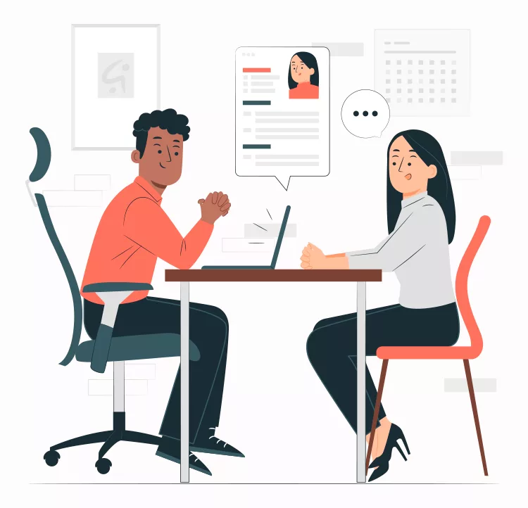 Illustration of a man and woman sitting across from each other at a desk with a laptop between them. The man is talking, and there's a speech bubble with a profile picture and text above him.