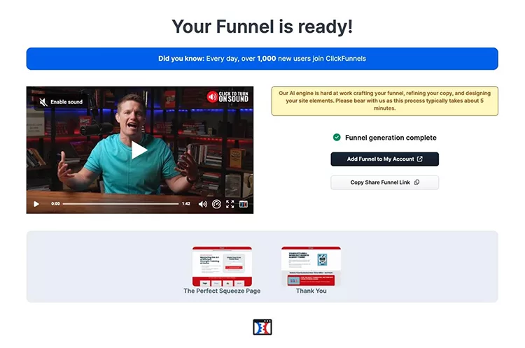 Screenshot of a ClickFunnels webpage displaying a video tutorial about funnel creation. There is a button to enable sound, and options to add the funnel to an account or copy the share funnel link.