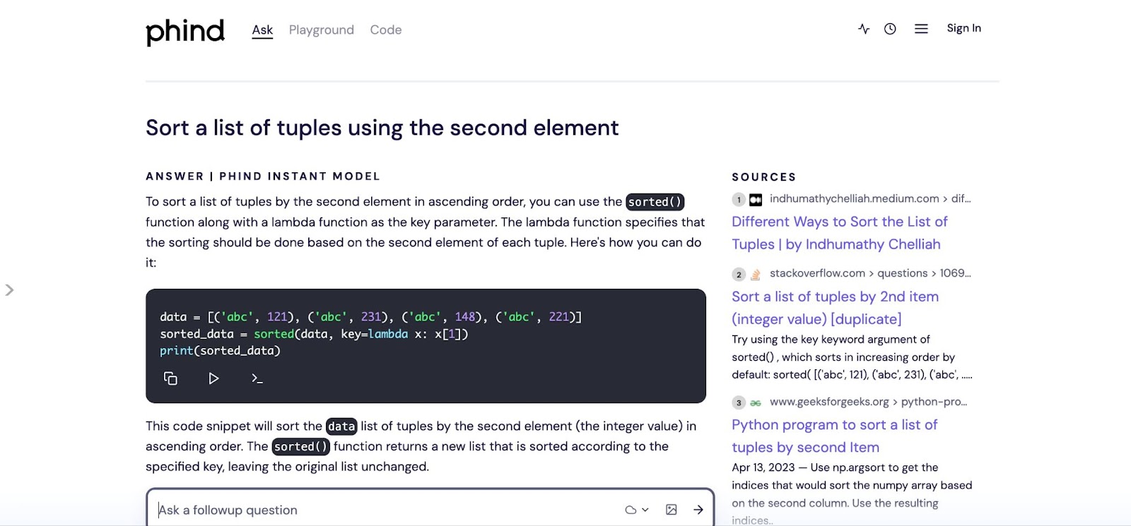 Phind.com search results for “Sort a list of tuples using the second element.”