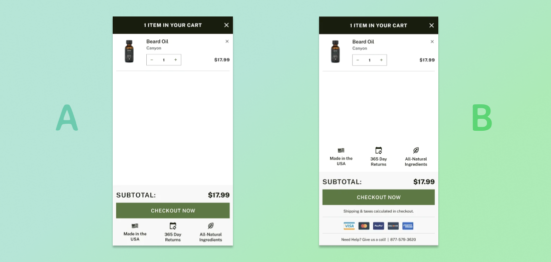 A/B test comparison of cart summary page designs for beard oil purchase.