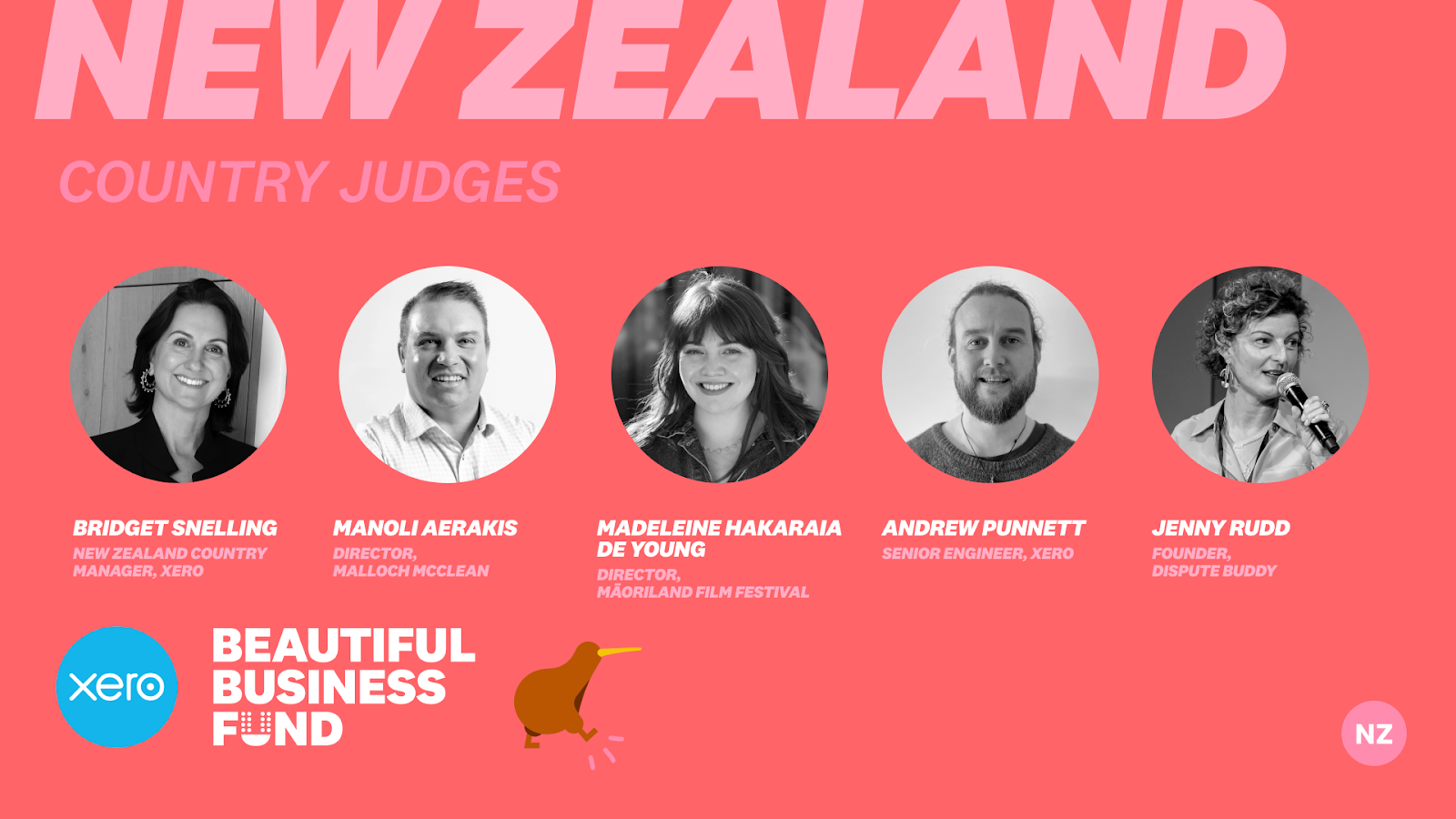 Red background with the text: New Zealand country judges in the upper left hand corner. A row of headshots appears in the center with individuals and their names below: Bridget Snelling, New Zealand Country Manager, Xero; Manoli Aerakis, Director, Malloch McClean; Madeleine Hakaraia De Young, Director, Maoriland Film Festival; Andrew Punnett, Senior Engineer, Xero; Jenny Rudd, Founder, Dispute Buddy. Xero Beautiful Business Fund appears in the lower left hand corner. 