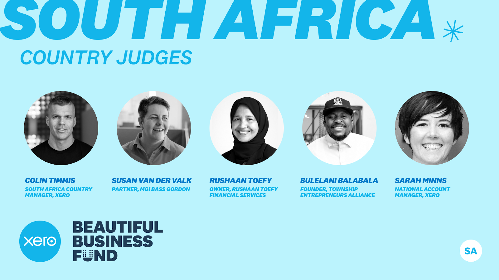 Light blue background with the text: South Africa country judges in the upper left hand corner. A row of headshots appears in the center with individuals and their names below: Colin Timmis, South Africa Country Manager, Xero; Susan Van Der Valk, Partner, MGI Bass Gordon; Rushaan Toefy, Owner, Rushaan Toefy Financial Services; Bulelani Balabala, Founder, Township Entrepreneurs Alliance; Sarah Minns, National Account Manager, Xero. Xero Beautiful Business Fund appears in the lower left hand corner. 