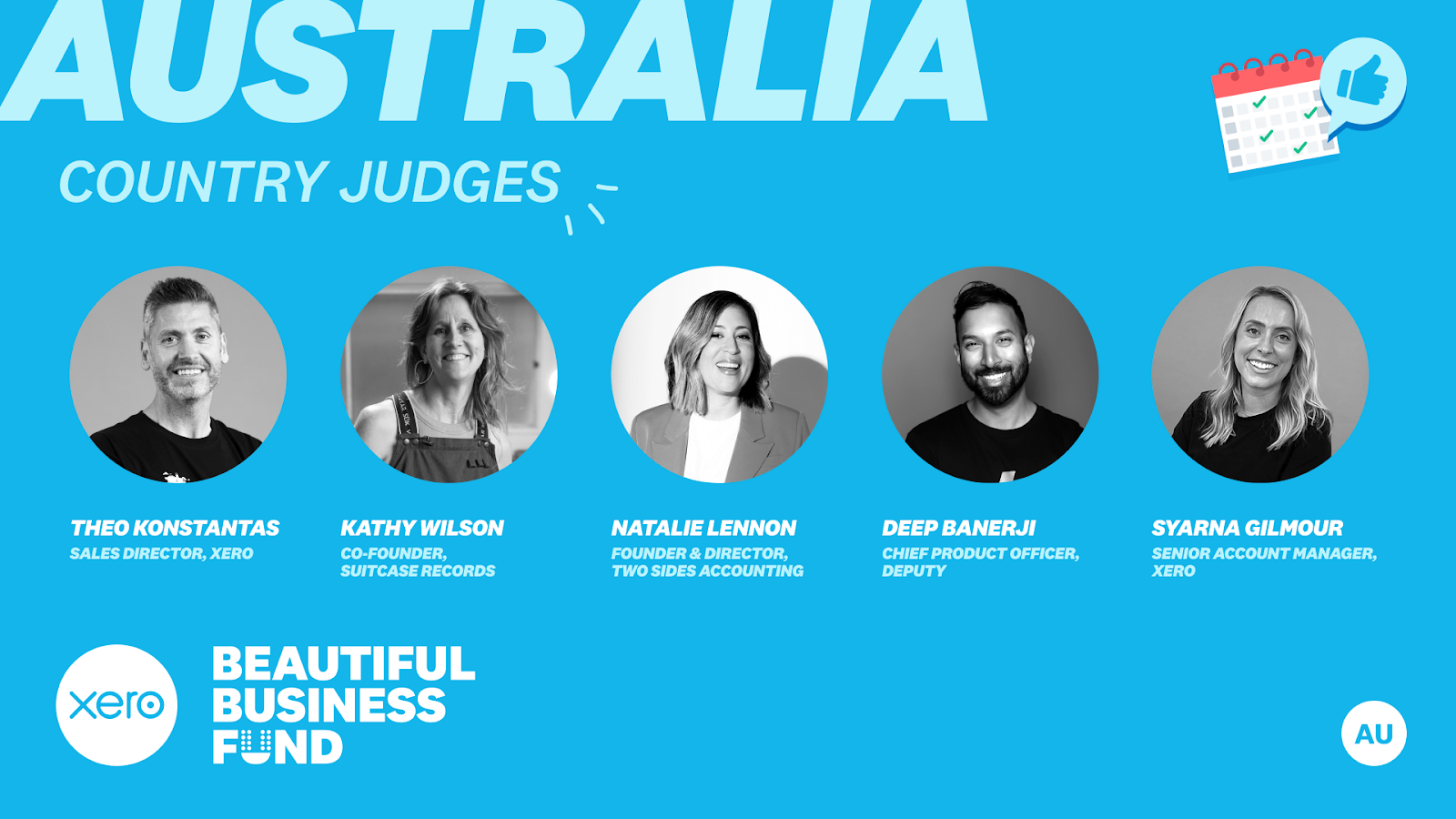 Light blue background with the text: Australia country judges in the upper left hand corner. A row of headshots appears in the center with individuals and their names below: Theo Konstantas, Sales Director, Xero; Kathy Wilson, Co-Founder, Suitcase Records; Natalie Lennon, Founder & Director, Two Sides Accounting; Deep Banerji, Chief Product Officer, Deputy; Syarna Gilmour, Senior Account Manager. Xero Beautiful Business Fund appears in the lower left hand corner. 