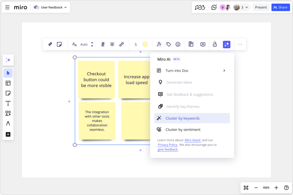 A Miro board with several sticky notes containing tasks and user feedback. The user is using the Miro AI “Cluster by keywords” feature to cluster the sticky notes.